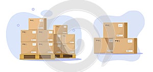 Pallet parcels boxes as cargo warehouse storage vector icon 3d graphic illustration, cardboard export carton packages pile stack