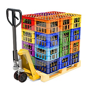 Pallet truck with crates full of beer bottles, 3D rendering