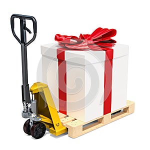 Pallet truck with gift box. Gift delivery concept, 3D rendering