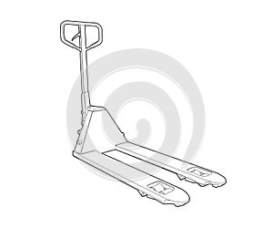 Pallet truck - linear technical drawing. manual forklift for warehouse - illustration, coloring book. cargo transportation. move