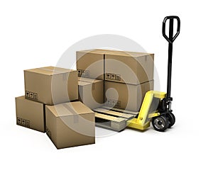 Pallet truck with pallet and boxes