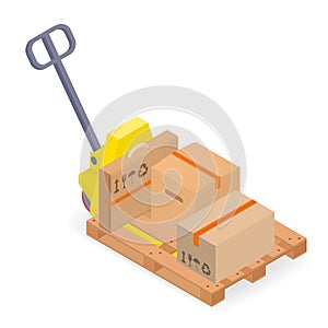 A pallet truck with pallet and cardboard boxes