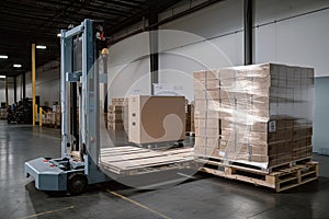 palletizing robot, with completed pallet of product, being loaded onto delivery truck