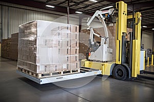 palletizing robot, with completed pallet of product, being loaded onto delivery truck