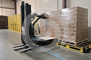 palletizing robot, with completed pallet of product, being loaded onto delivery truck