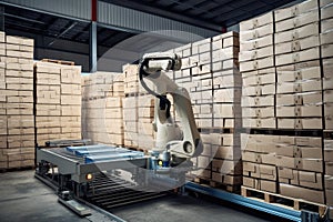 palletizing robot lifting pallets of products and stacking them in storage area