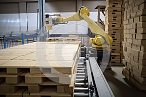 palletizing robot loading crates onto conveyor belt for further processing