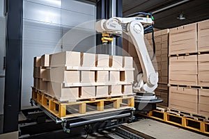 palletizing robot loading heavy objects onto pallets with motorized gripper