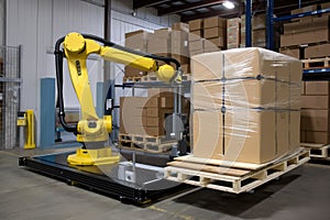 palletizing robot, lowering wrapped and secured pallet to ground level