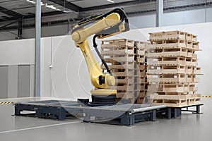 palletizing robot with multiple arms working in concert to transport and stack pallets