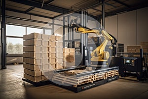 palletizing robot with multiple arms working in concert to transport and stack pallets