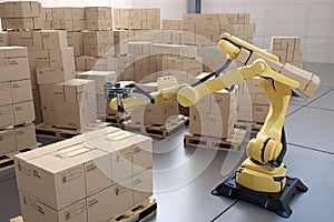 palletizing robot, with pallets and boxes ready to be picked up by human operators