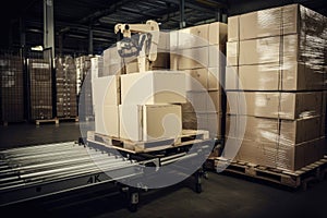 palletizing robot, with pallets and boxes ready to be picked up by human operators