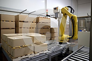 palletizing robot, with pallets and boxes ready to be picked up by human operators