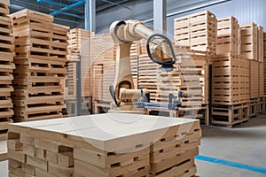 palletizing robot picking up and stacking wooden crates