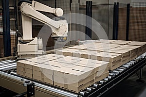 palletizing robot placing boxes on a conveyor belt