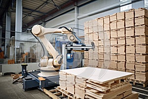 palletizing robot at work, placing items on pallets and wrapping them