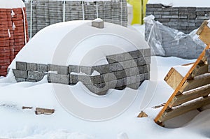Pallets with bricks in the store. Racks of brick.