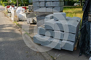 Pallets Paving Slabs on Europe Streets, Paving of the Pedestrian Path, Road Repair, Modern Technologies