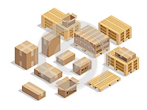 Pallets for shipment with cardboard and isometric style design vector