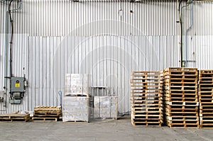 Pallets stacked inside a warehouse