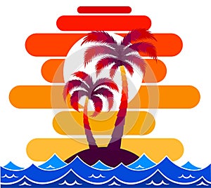 Pallma tree vector illustration sunset waves sea ocean design art print travel tropics island sun tourism holidays