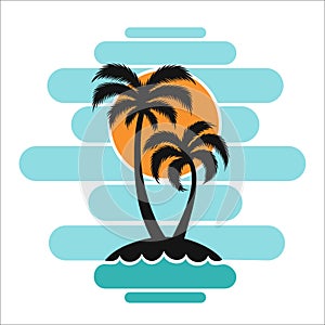 Pallma tree vector illustration sunset waves sea ocean design art print travel tropics island sun tourism holidays