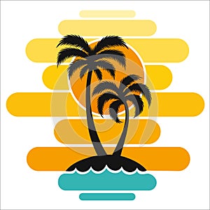 Pallma tree vector illustration sunset waves sea ocean design art print travel tropics island sun tourism holidays