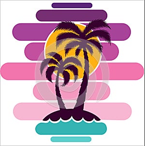 Pallma tree vector illustration sunset waves sea ocean design art print travel tropics island sun tourism holidays