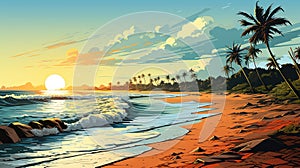 Palm Beach In Tropical Island. Illustration in a Pop Art style