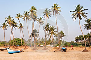 Palm beach with wooden boats and parking place in Goa, India. Chilling mood landscape.