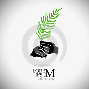 Palm branch logo in hands. Vector illustration