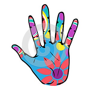 Palm in bright colors icon. Vector illustration hand in color paints symbol of the holiday of Holi.