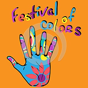 Palm in bright colors icon. Vector illustration hand in color paints symbol of the holiday of Holi. Hand drawn color palm.