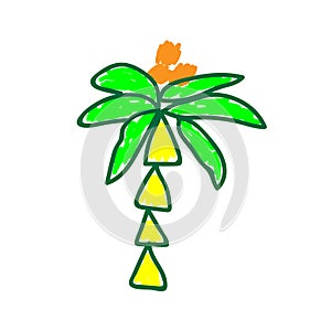 Palm in a deliberately childish style. Child drawing. Sketch imitation painting felt-tip pen or marker. Cartoon Vector