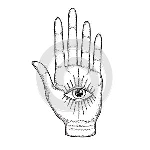 Palm with the Eye of Providence. Masonic symbol. All seeing eye with divergent rays on palm. Black tattoo. A symbol of