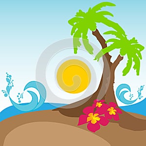 Palm, flowers, waves