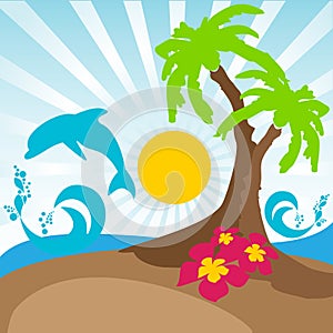 Palm, flowers, waves