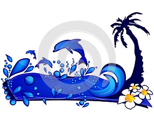 Palm, flowers, waves