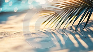 Palm frond casting shadow on sunlit beach sand