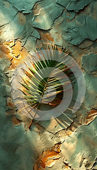 Palm Frond Silhouette on Cracked Turquoise Wall