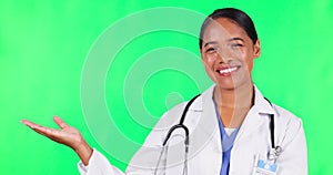 Palm, green screen and doctor or woman for healthcare presentation, offer or choice in health insurance. Happy face