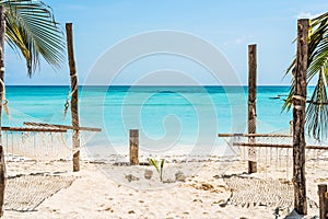 Palm and hammock on Zanzibar beach with blue sky and ocean on the background