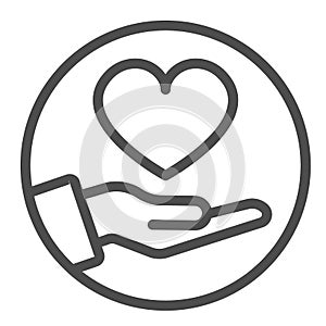 Palm hand with heart in circle line icon, dating concept, gift of love vector sign on white background, outline style