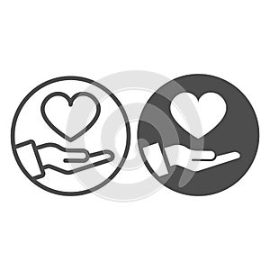 Palm hand with heart in circle line and solid icon, dating concept, gift of love vector sign on white background
