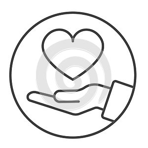 Palm hand with heart in circle thin line icon, dating concept, gift of love vector sign on white background, outline
