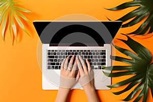 palm hand leaf orange computer background keyboard office above laptop business. Generative AI.