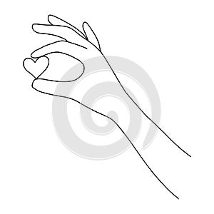 Palm with a heart outline drawn.Hold the heart with two fingers.Love.Black and white image.Monochrome design.Vector illustration