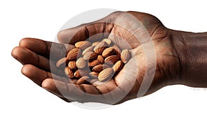 Palm holding a handful of raw almonds.