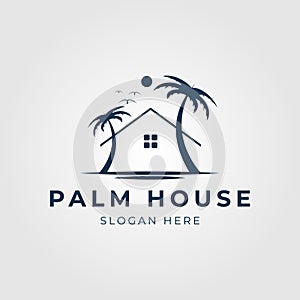 palm house line art logo tropical beach home vector illustration design